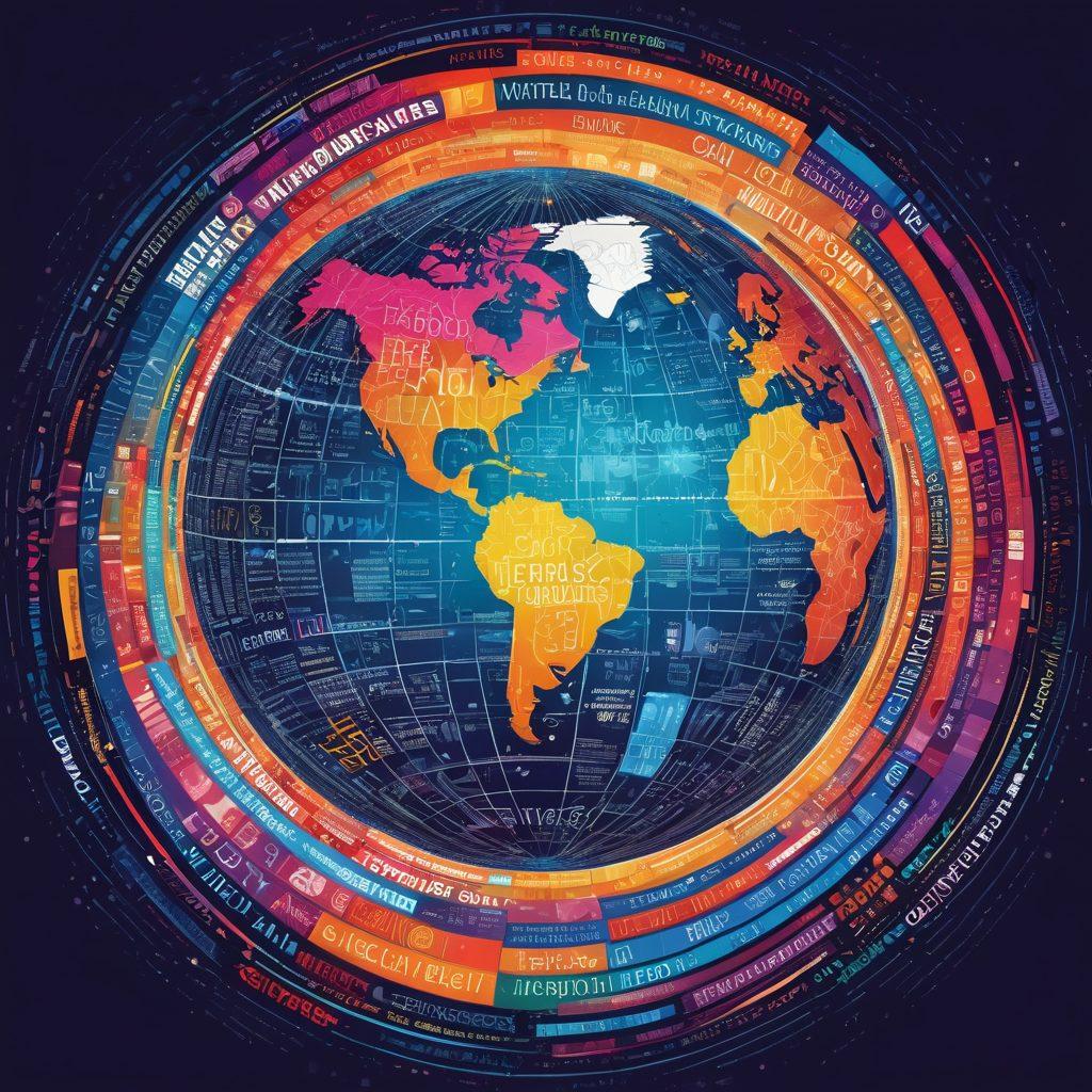 A visually striking mosaic of news headlines and vibrant graphical elements representing diverse topics in journalism, including a globe symbolizing global updates. Incorporate an illuminated city skyline in the background, suggesting constant activity and information flow. Use dynamic lines connecting different news elements, reflecting the interconnectedness of stories. The color palette should be bright and engaging to draw the viewer in. vector art. vibrant colors.