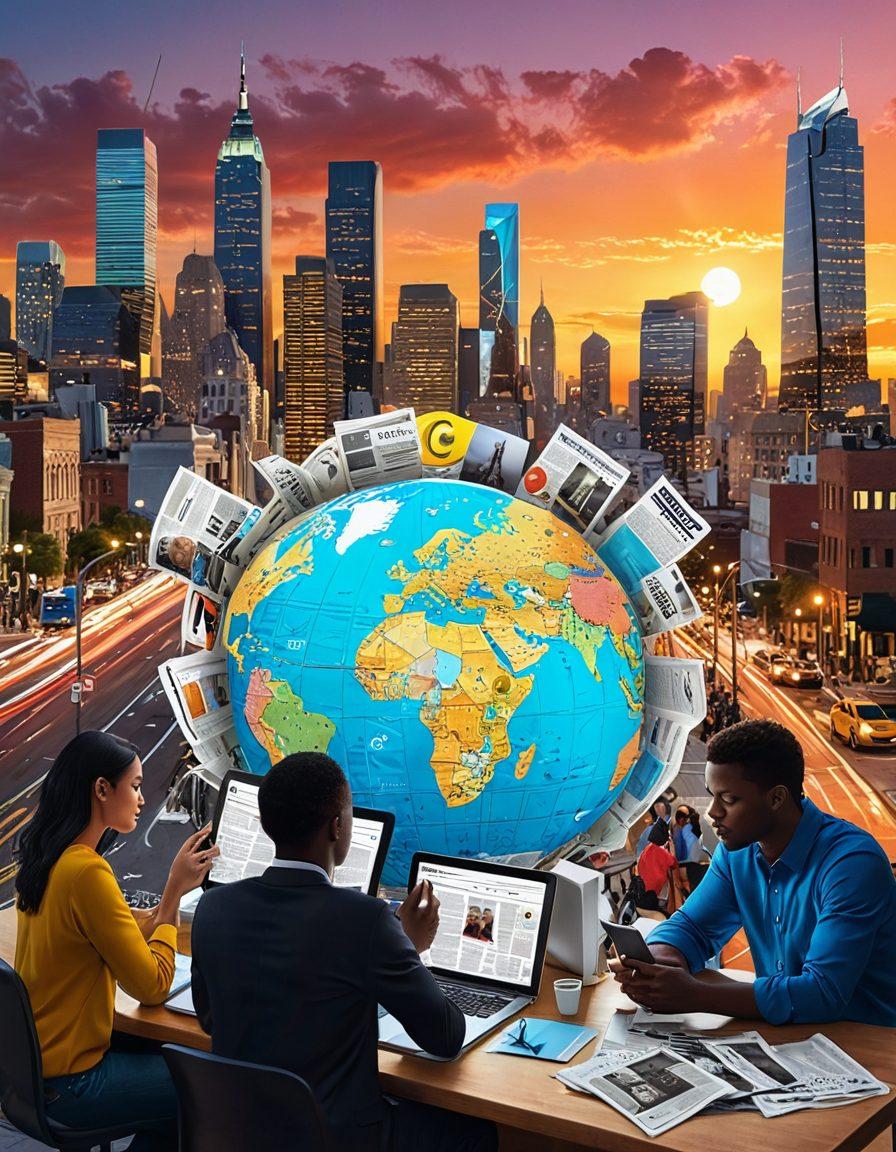 A vibrant digital collage showcasing a bustling city skyline with various news symbols like a newspaper, camera, and globe intertwined. Incorporate people from diverse backgrounds engaging with digital devices displaying current headlines. A bright sun rising in the background symbolizes hope and new information. Include elements of technology, like news feeds and social media icons, blending seamlessly into the scene. super-realistic. vibrant colors. dynamic composition.