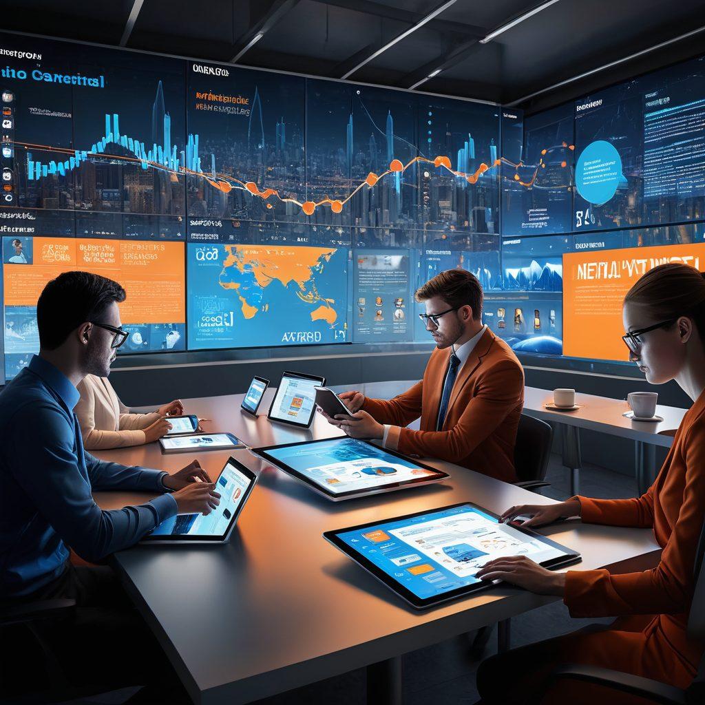 A dynamic blend of modern digital elements and traditional news features, showcasing a diverse group of people reading news on various devices. Include visuals of K5 news headlines floating around, alongside symbols of analysis like magnifying glasses and charts. Create a bright, engaging atmosphere with a blend of blue and orange tones to symbolize information flow and alertness. The setting should feel contemporary and lively, representing a global connection to news. super-realistic. vibrant colors. 3D.